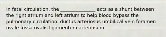 In fetal circulation, the _______________ acts as a shunt between the right atrium and left atrium to help blood bypass the pulmonary circulation. ductus arteriosus umbilical vein foramen ovale fossa ovalis ligamentum arteriosum