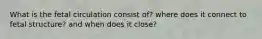 What is the fetal circulation consist of? where does it connect to fetal structure? and when does it close?