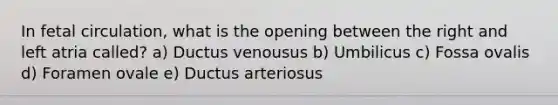 In fetal circulation, what is the opening between the right and left atria called? a) Ductus venousus b) Umbilicus c) Fossa ovalis d) Foramen ovale e) Ductus arteriosus