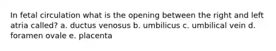 In fetal circulation what is the opening between the right and left atria called? a. ductus venosus b. umbilicus c. umbilical vein d. foramen ovale e. placenta