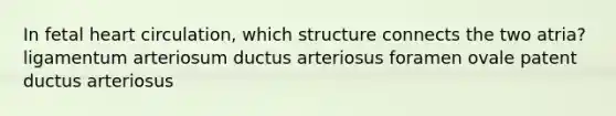 In fetal heart circulation, which structure connects the two atria? ligamentum arteriosum ductus arteriosus foramen ovale patent ductus arteriosus