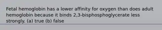 <a href='https://www.questionai.com/knowledge/kEtWefHnGw-fetal-hemoglobin' class='anchor-knowledge'>fetal hemoglobin</a> has a lower affinity for oxygen than does adult hemoglobin because it binds 2,3-bisphosphoglycerate less strongly. (a) true (b) false