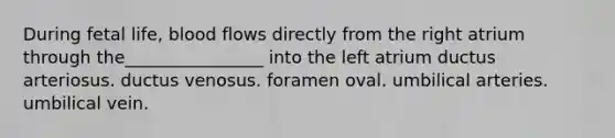 During fetal life, blood flows directly from the right atrium through the________________ into the left atrium ductus arteriosus. ductus venosus. foramen oval. umbilical arteries. umbilical vein.