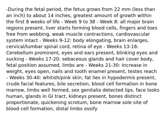 -During the fetal period, the fetus grows from 22 mm (less than an inch) to about 14 inches, greatest amount of growth within the first 8 weeks of life - Week 9 to 38 - Week 8: all major brain regions present, liver starts forming blood cells, fingers and toes free from webbing, weak muscle contractions, cardiovascular system intact - Weeks 9-12: body elongating, brain enlarges, cervical/lumbar spinal cord, retina of eye - Weeks 13-16: Cerebellum prominent, eyes and ears present, blinking eyes and sucking - Weeks 17-20: sebaceous glands and hair cover body, fetal position assumed, limbs are - Weeks 21-30: Increase in weight, eyes open, nails and tooth enamel present, testes reach - Weeks 30-40: whitish/pink skin, fat lies in hypodermis present, crude facial features, bile secretion, blood cell formation in bone marrow, limbs well formed, sex genitalia detected lips, face looks human, glands in GI tract, kidneys present, bones distinct proportionate, quickening scrotum, bone marrow sole site of blood cell formation, distal limbs ossify