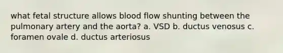 what fetal structure allows blood flow shunting between the pulmonary artery and the aorta? a. VSD b. ductus venosus c. foramen ovale d. ductus arteriosus