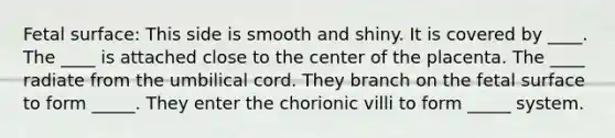 Fetal surface: This side is smooth and shiny. It is covered by ____. The ____ is attached close to the center of the placenta. The ____ radiate from the umbilical cord. They branch on the fetal surface to form _____. They enter the chorionic villi to form _____ system.