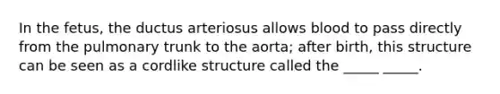 In the fetus, the ductus arteriosus allows blood to pass directly from the pulmonary trunk to the aorta; after birth, this structure can be seen as a cordlike structure called the _____ _____.