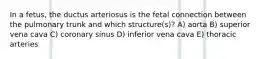 In a fetus, the ductus arteriosus is the fetal connection between the pulmonary trunk and which structure(s)? A) aorta B) superior vena cava C) coronary sinus D) inferior vena cava E) thoracic arteries