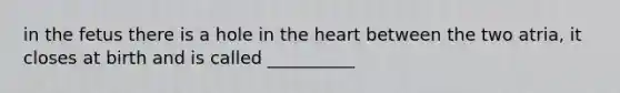 in the fetus there is a hole in the heart between the two atria, it closes at birth and is called __________