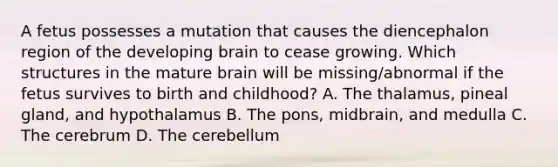 A fetus possesses a mutation that causes the diencephalon region of the developing brain to cease growing. Which structures in the mature brain will be missing/abnormal if the fetus survives to birth and childhood? A. The thalamus, pineal gland, and hypothalamus B. The pons, midbrain, and medulla C. The cerebrum D. The cerebellum