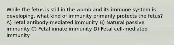 While the fetus is still in the womb and its immune system is developing, what kind of immunity primarily protects the fetus? A) Fetal antibody-mediated immunity B) Natural passive immunity C) Fetal innate immunity D) Fetal cell-mediated immunity