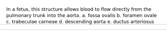 In a fetus, this structure allows blood to flow directly from the pulmonary trunk into the aorta. a. fossa ovalis b. foramen ovale c. trabeculae carneae d. descending aorta e. ductus arteriosus