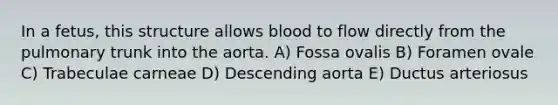 In a fetus, this structure allows blood to flow directly from the pulmonary trunk into the aorta. A) Fossa ovalis B) Foramen ovale C) Trabeculae carneae D) Descending aorta E) Ductus arteriosus