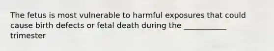 The fetus is most vulnerable to harmful exposures that could cause birth defects or fetal death during the ___________ trimester