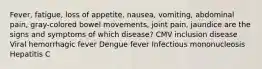 Fever, fatigue, loss of appetite, nausea, vomiting, abdominal pain, gray-colored bowel movements, joint pain, jaundice are the signs and symptoms of which disease? CMV inclusion disease Viral hemorrhagic fever Dengue fever Infectious mononucleosis Hepatitis C