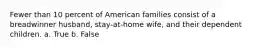 Fewer than 10 percent of American families consist of a breadwinner husband, stay-at-home wife, and their dependent children. a. True b. False