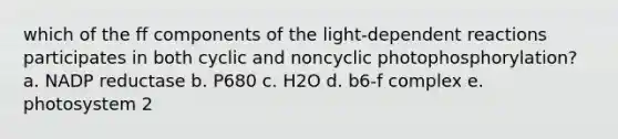 which of the ff components of the light-dependent reactions participates in both cyclic and noncyclic photophosphorylation? a. NADP reductase b. P680 c. H2O d. b6-f complex e. photosystem 2