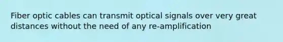 Fiber optic cables can transmit optical signals over very great distances without the need of any re-amplification