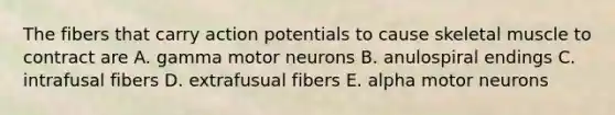 The fibers that carry action potentials to cause skeletal muscle to contract are A. gamma motor neurons B. anulospiral endings C. intrafusal fibers D. extrafusual fibers E. alpha motor neurons