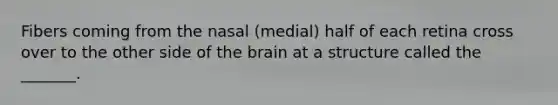 Fibers coming from the nasal (medial) half of each retina cross over to the other side of <a href='https://www.questionai.com/knowledge/kLMtJeqKp6-the-brain' class='anchor-knowledge'>the brain</a> at a structure called the _______.