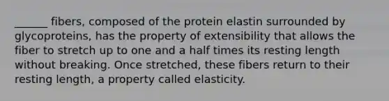 ______ fibers, composed of the protein elastin surrounded by glycoproteins, has the property of extensibility that allows the fiber to stretch up to one and a half times its resting length without breaking. Once stretched, these fibers return to their resting length, a property called elasticity.