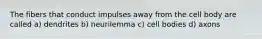 The fibers that conduct impulses away from the cell body are called a) dendrites b) neurilemma c) cell bodies d) axons