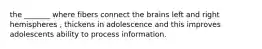 the _______ where fibers connect the brains left and right hemispheres , thickens in adolescence and this improves adolescents ability to process information.