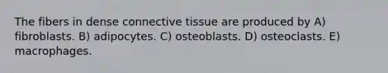 The fibers in dense connective tissue are produced by A) fibroblasts. B) adipocytes. C) osteoblasts. D) osteoclasts. E) macrophages.