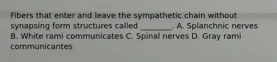 Fibers that enter and leave the sympathetic chain without synapsing form structures called ________. A. Splanchnic nerves B. White rami communicates C. Spinal nerves D. Gray rami communicantes