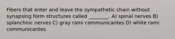 Fibers that enter and leave the sympathetic chain without synapsing form structures called ________. A) spinal nerves B) splanchnic nerves C) gray rami communicantes D) white rami communicantes