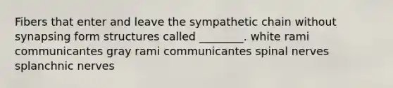 Fibers that enter and leave the sympathetic chain without synapsing form structures called ________. white rami communicantes gray rami communicantes spinal nerves splanchnic nerves