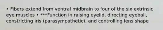 • Fibers extend from ventral midbrain to four of the six extrinsic eye muscles • ***Function in raising eyelid, directing eyeball, constricting iris (parasympathetic), and controlling lens shape