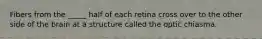 Fibers from the _____ half of each retina cross over to the other side of the brain at a structure called the optic chiasma.