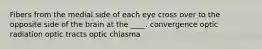 Fibers from the medial side of each eye cross over to the opposite side of the brain at the ____. convergence optic radiation optic tracts optic chiasma