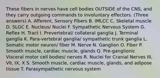 These fibers in nerves have cell bodies OUTSIDE of the CNS, and they carry outgoing commands to involuntary effectors. (Three answers) A. Afferent, Sensory Fibers B. IMLCC C. Skeletal muscle D. SLGC E. Nucleus/ Nuclei F. Sympathetic Nervous System G. Reflex H. Tract I. Prevertebral/ collateral ganglia J. Terminal ganglia K. Para-vertebral ganglia/ sympathetic trunk ganglia L. Somatic motor neuron/ fiber M. Nerve N. Ganglion O. Fiber P. Smooth muscle, cardiac muscle, glands Q. Pre-ganglionic Visceral motor cell bodies/ nerves R. Nuclei for Cranial Nerves III, VII, IX, X S. Smooth muscle, cardiac muscle, glands, and adipose tissue T. Parasympathetic nervous system