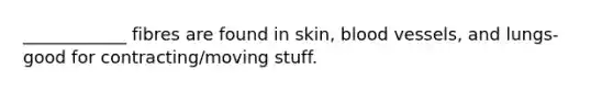 ____________ fibres are found in skin, <a href='https://www.questionai.com/knowledge/kZJ3mNKN7P-blood-vessels' class='anchor-knowledge'>blood vessels</a>, and lungs- good for contracting/moving stuff​.