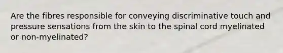 Are the fibres responsible for conveying discriminative touch and pressure sensations from the skin to the spinal cord myelinated or non-myelinated?