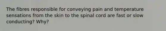 The fibres responsible for conveying pain and temperature sensations from the skin to the spinal cord are fast or slow conducting? Why?