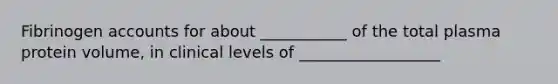 Fibrinogen accounts for about ___________ of the total plasma protein volume, in clinical levels of __________________