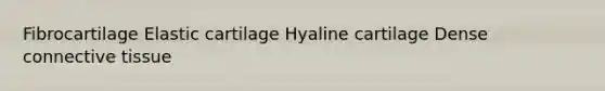 Fibrocartilage Elastic cartilage Hyaline cartilage Dense <a href='https://www.questionai.com/knowledge/kYDr0DHyc8-connective-tissue' class='anchor-knowledge'>connective tissue</a>