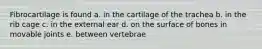 Fibrocartilage is found a. in the cartilage of the trachea b. in the rib cage c. in the external ear d. on the surface of bones in movable joints e. between vertebrae