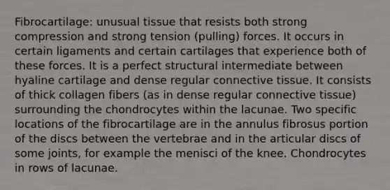 Fibrocartilage: unusual tissue that resists both strong compression and strong tension (pulling) forces. It occurs in certain ligaments and certain cartilages that experience both of these forces. It is a perfect structural intermediate between hyaline cartilage and dense regular connective tissue. It consists of thick collagen fibers (as in dense regular connective tissue) surrounding the chondrocytes within the lacunae. Two specific locations of the fibrocartilage are in the annulus fibrosus portion of the discs between the vertebrae and in the articular discs of some joints, for example the menisci of the knee. Chondrocytes in rows of lacunae.