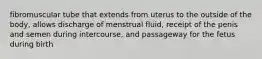 fibromuscular tube that extends from uterus to the outside of the body, allows discharge of menstrual fluid, receipt of the penis and semen during intercourse, and passageway for the fetus during birth