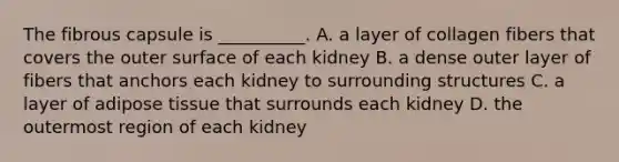 The fibrous capsule is __________. A. a layer of collagen fibers that covers the outer surface of each kidney B. a dense outer layer of fibers that anchors each kidney to surrounding structures C. a layer of adipose tissue that surrounds each kidney D. the outermost region of each kidney