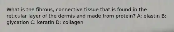 What is the fibrous, connective tissue that is found in the reticular layer of the dermis and made from protein? A: elastin B: glycation C: keratin D: collagen