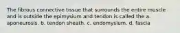 The fibrous connective tissue that surrounds the entire muscle and is outside the epimysium and tendon is called the a. aponeurosis. b. tendon sheath. c. endomysium. d. fascia