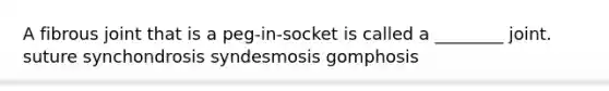 A fibrous joint that is a peg-in-socket is called a ________ joint. suture synchondrosis syndesmosis gomphosis