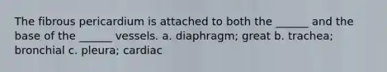 The fibrous pericardium is attached to both the ______ and the base of the ______ vessels. a. diaphragm; great b. trachea; bronchial c. pleura; cardiac