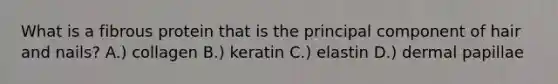 What is a fibrous protein that is the principal component of hair and nails? A.) collagen B.) keratin C.) elastin D.) dermal papillae