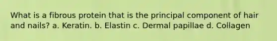 What is a fibrous protein that is the principal component of hair and nails? a. Keratin. b. Elastin c. Dermal papillae d. Collagen